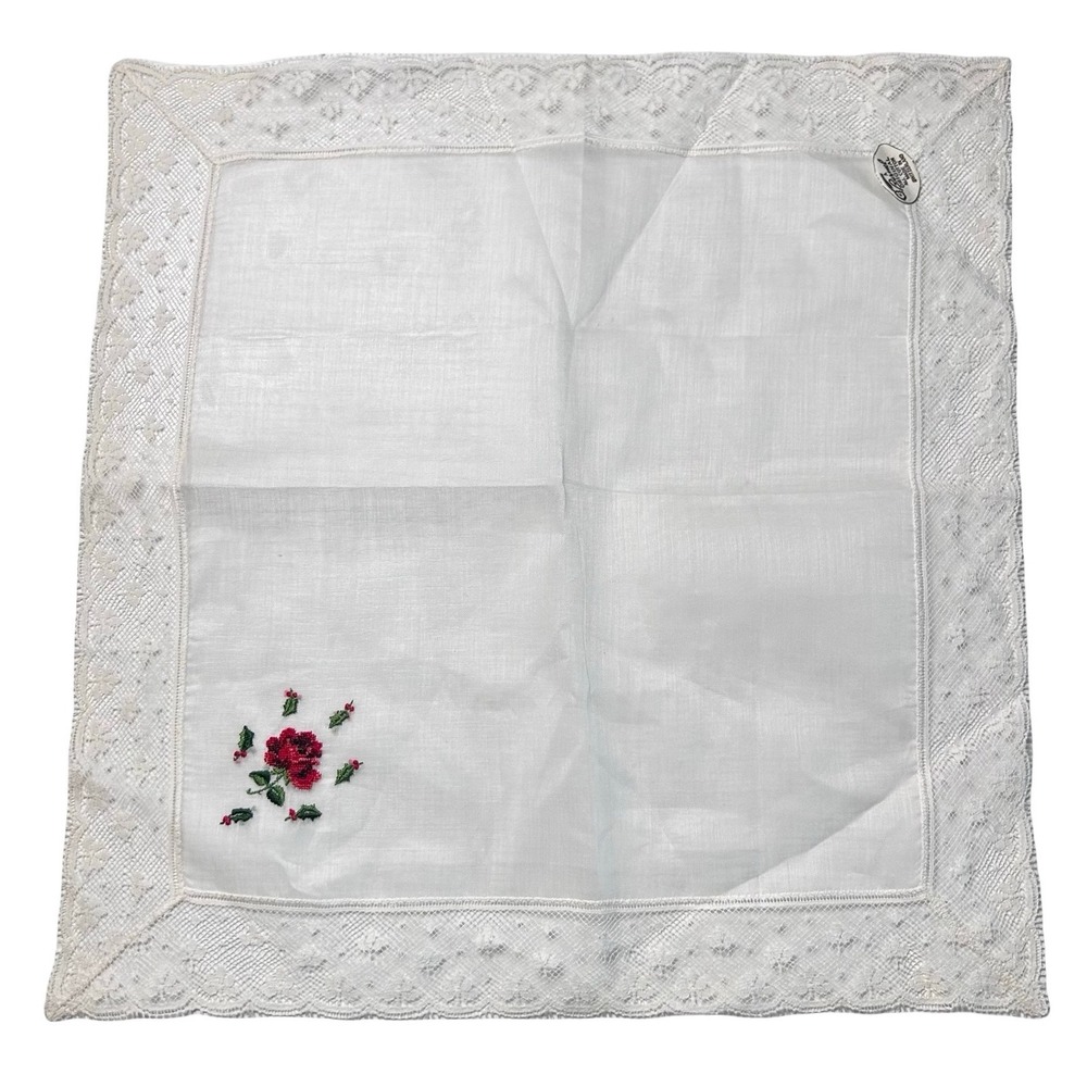Burmel Vintage Lace Trim Embroidered Cotton Handkerchief Rose Switzerland